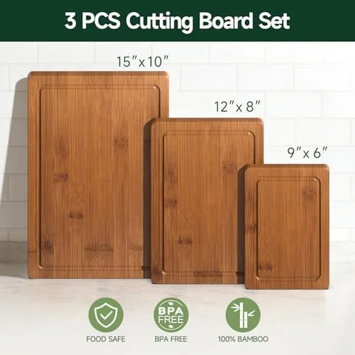 3-Piece Carbonized Bamboo Kitchen Cutting Board Set – Crack-Resistant Pre-Oiled Wood Chopping Boards with Deep Juice Grooves for Meat, Vegetables & Cheese