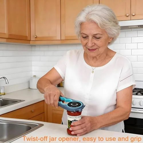 6-in-1 Multi-Functional Jar, Bottle and Can Opener for Low Hand Strength, Seniors and Arthritis Sufferers, Easy Grip Stubborn Lid Remover (Blue and Grey)