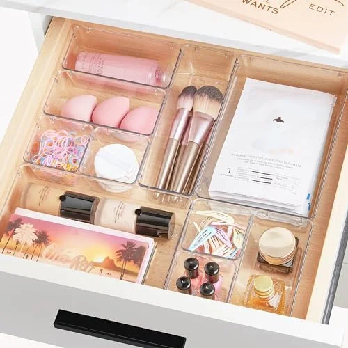 44-Piece Clear Plastic Drawer Organizer Set - 4 Sizes, Non-Slip Trays for Bathroom, Kitchen, Office