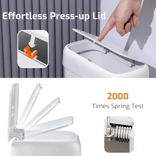 Slim 10L (2.6 Gallon) White Trash Can with Pop-Up Lid, Dog-Proof Mini Waste Bin for Bathroom, Kitchen, RV, Office, Bedroom