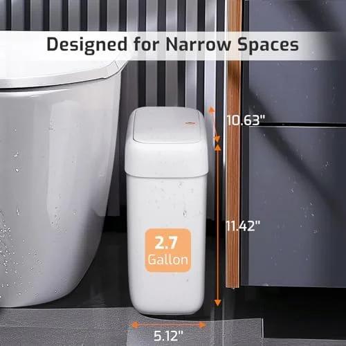 Slim 10L (2.6 Gallon) White Trash Can with Pop-Up Lid, Dog-Proof Mini Waste Bin for Bathroom, Kitchen, RV, Office, Bedroom