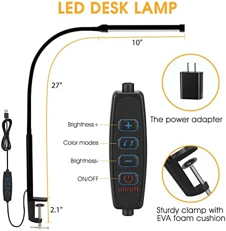 LED Desk Lamp with Clamp, Eye-Caring Clip-On Light, 3 Modes, 10 Brightness, Flexible Gooseneck, Metal Swing Arm, USB
