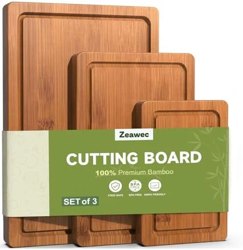 3-Piece Carbonized Bamboo Kitchen Cutting Board Set – Crack-Resistant Pre-Oiled Wood Chopping Boards with Deep Juice Grooves for Meat, Vegetables & Cheese