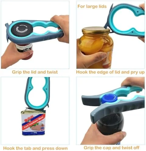 6-in-1 Multi-Functional Jar, Bottle and Can Opener for Low Hand Strength, Seniors and Arthritis Sufferers, Easy Grip Stubborn Lid Remover (Blue and Grey)