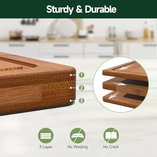 3-Piece Carbonized Bamboo Kitchen Cutting Board Set – Crack-Resistant Pre-Oiled Wood Chopping Boards with Deep Juice Grooves for Meat, Vegetables & Cheese