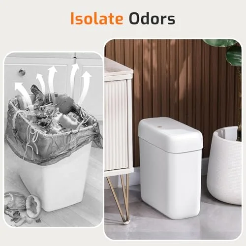 Slim 10L (2.6 Gallon) White Trash Can with Pop-Up Lid, Dog-Proof Mini Waste Bin for Bathroom, Kitchen, RV, Office, Bedroom