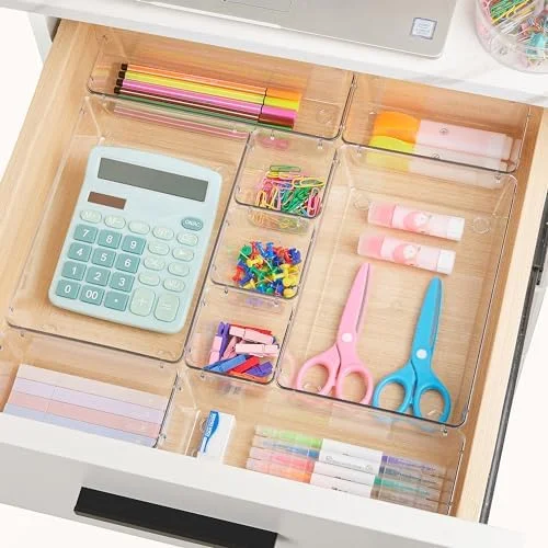 44-Piece Clear Plastic Drawer Organizer Set - 4 Sizes, Non-Slip Trays for Bathroom, Kitchen, Office