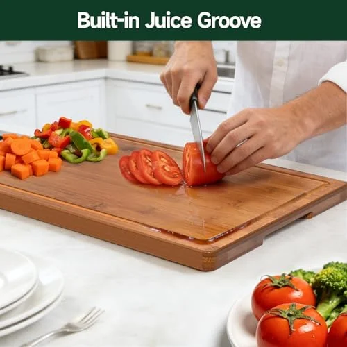 3-Piece Carbonized Bamboo Kitchen Cutting Board Set – Crack-Resistant Pre-Oiled Wood Chopping Boards with Deep Juice Grooves for Meat, Vegetables & Cheese