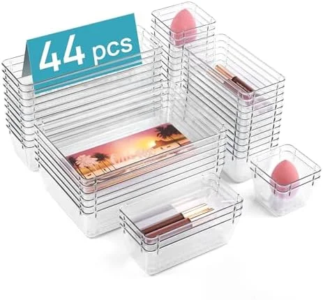 44-Piece Clear Plastic Drawer Organizer Set - 4 Sizes, Non-Slip Trays for Bathroom, Kitchen, Office
