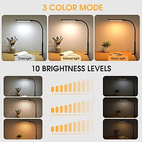 LED Desk Lamp with Clamp, Eye-Caring Clip-On Light, 3 Modes, 10 Brightness, Flexible Gooseneck, Metal Swing Arm, USB