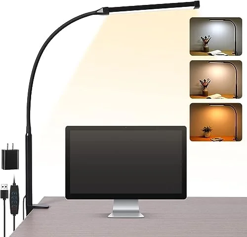 LED Desk Lamp with Clamp, Eye-Caring Clip-On Light, 3 Modes, 10 Brightness, Flexible Gooseneck, Metal Swing Arm, USB