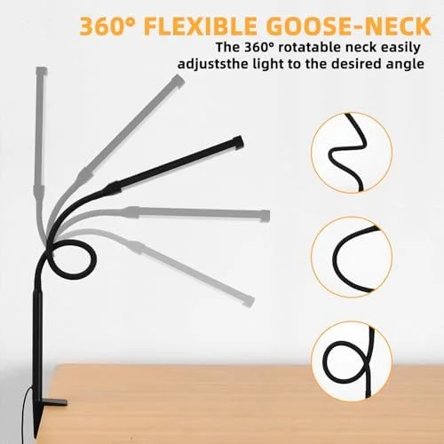 LED Desk Lamp with Clamp, Eye-Caring Clip-On Light, 3 Modes, 10 Brightness, Flexible Gooseneck, Metal Swing Arm, USB