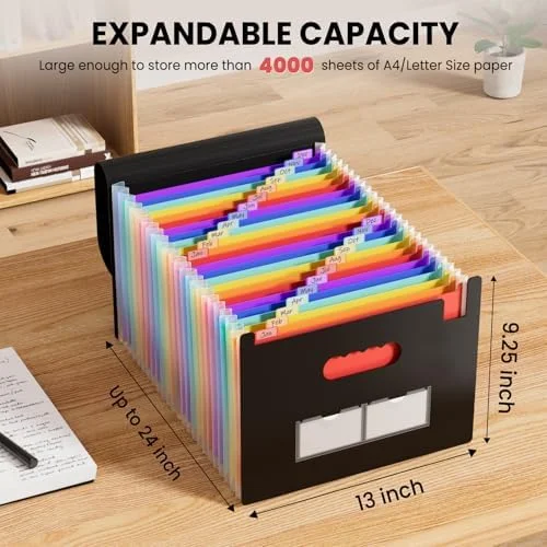 24-Pocket Expanding Accordion File Folder for Letter & A4 Paper, Portable Desktop Document Organizer with Blank Label Tabs