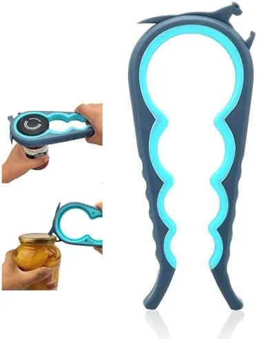6-in-1 Multi-Functional Jar, Bottle and Can Opener for Low Hand Strength, Seniors and Arthritis Sufferers, Easy Grip Stubborn Lid Remover (Blue and Grey)