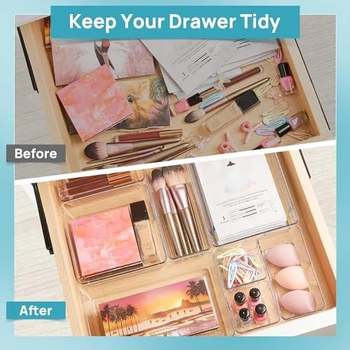 44-Piece Clear Plastic Drawer Organizer Set - 4 Sizes, Non-Slip Trays for Bathroom, Kitchen, Office